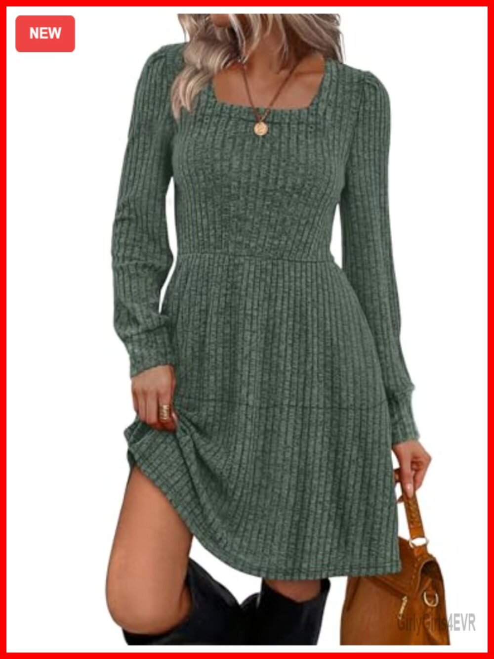 Square Neck Long Sleeve Babydoll Sweater Dress Casual Tunic